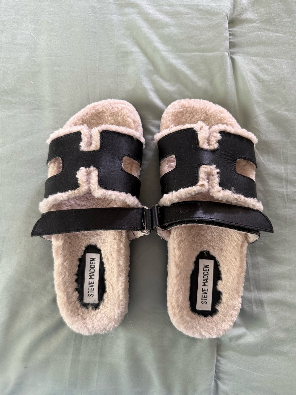 Steve Madden Black Slide Sandals with Cream Shearling